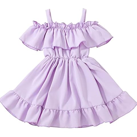 VINUOKER Toddler Girls Princess Party Dress Little Girl Summer White Dress Off-Shoulder Suspender Sundress Size 2-6Years, Purple, 6 Years Cover