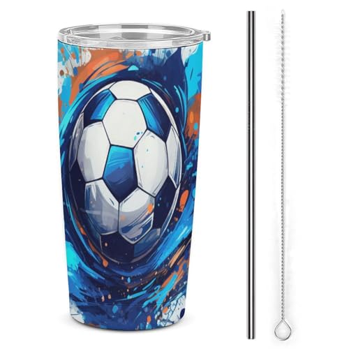 3D-Druck FußBall Edelstahl Thermobecher - Hält Getränke 8 Stunden Heiß / 12 Stunden Kalt - Auslaufsicher Mit Strohhalm 20oz