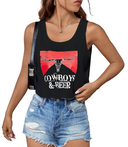 Women's Sexy Cowboys and Beer Crop Tank Tops Shirts Cute Country Concert Outfits Casual Summer Western Graphic Crop Tops for Teens(Black 4-M)
