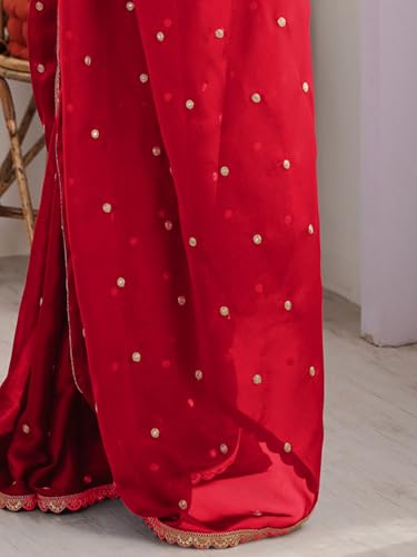 Image of AKHILAM Women's Pure Georgette Embroidered Saree With Unstitched Blouse Piece