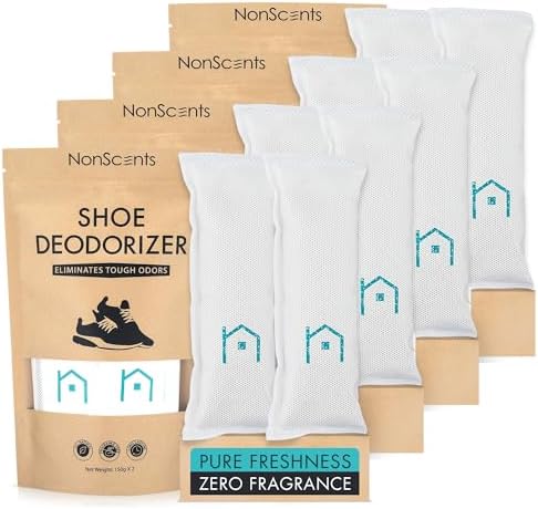NonScents Shoe Deodorizer 4-Pack (8 Count) - Odor Eliminator, Air Freshener, Smell Absorber, Scent Remover for Shoes, Gym Bags, Soccer Cleats, Closets, Pet Area, Reusable - Shoe Deodorant