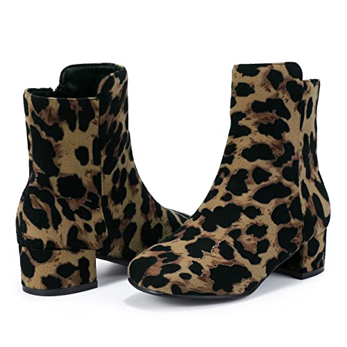 PANDANINJIA Girls Boots Fashion Square-Toe Dress Boots Low Heel Alyssa Ankle Booties with Zipper for Toddler Little Kids Big Kids (Leopard Suede, 5 M US Big Kid) by PANDANINJIA - Used condition - Image 5