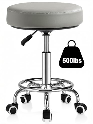 Image of 500lbs Heavy‑Duty Adjustable Rolling Stool with Wheels & Footrest Ring,Grey