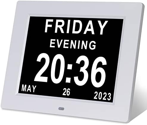SSINI [Newest Version Dementia Clock Alzheimers Clock & Large Digital Calendar Clock for Seniors,Clock with Day and Date for Elderly -3 Colors Display Digital Calendar Clock (8inch White)