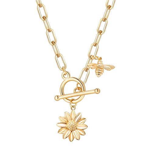 DoreenBeads 18K Gold Sun Moon Star Compass Pendant Necklace Chunky Toggle Paperclip Chain Necklace with Heart Daisy Bee Charms for Women Girls 20 Inches