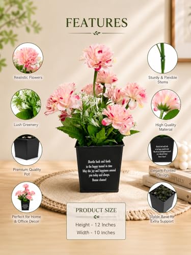 Image of Artificial Pink Carnation Flower Arrangement in Black Metal Pot, Inspirational Quote, Home Decor