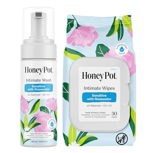 Honey Pot - Feminine Wash & Wipes - Sensitive w/Rosewater Bundle - Herbal Infused - Sensitive Skin Types - pH Balanced Plant Based Hygiene Products
