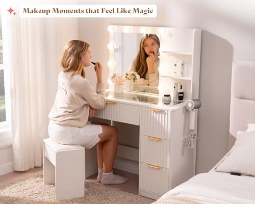 Image of AMERLIFE 36.2 inch Fluted Vanity Desk with Mirror and Adjustable LED Lights, Large 4 Drawers Makeup Table with Glass Top and Charging Station for Women and Girls, Bedroom or Dorm, White