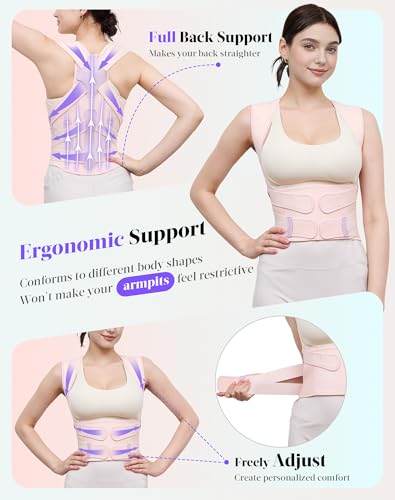 Image of Kepwaa Posture Corrector for Women and Men, 5 Full Back Support Brace Rods, Adjustable Shoulder Straightener, Relief for Upper and Lower Back, Neck, Lumbar, Scoliosis, Hump, Pink, Medium