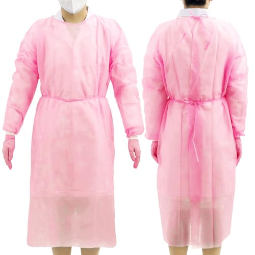 JMU - JMU 10 Pack Disposable Isolation Gowns Pink, Polypropylene Medical Gowns Long with Knitted Cuffs, Length 47.24"