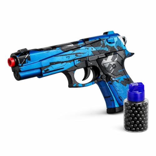 Pistola de bolas de 18 cm, diseño de aerosol moderno, azul y negro, 400 bolas incluidas, juguete de disparo, +18 años