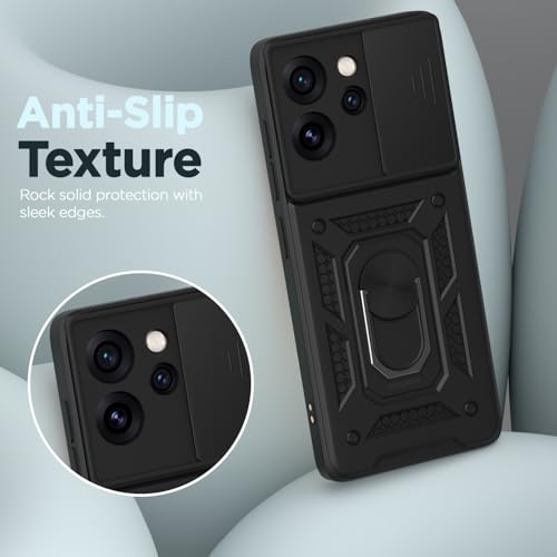 Image of Pikkme Back Cover for Oppo Reno 15 Pro Mini 5G | 360 Protection Case | Sliding Camera Shield Cover & Ring Holder Stand D10 Tough Armor Bumper Case (Black)