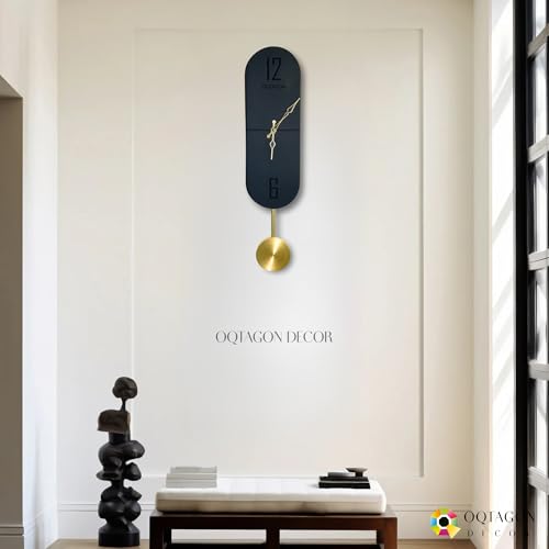 Image of OQTAGON Vertical Noir Designer Pendulum Wall Clock - Modern Slim Black Wall Clock for Living Room, Bedroom & Office | Minimalist Vertical Wall Decor