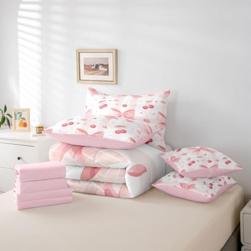 Image of Pink Cherry Bow Bed in a Bag Queen Comforter Set 7 Piece | Kawaii Bow Tie Bedding Sets Dreamy Princess Bowknot Comforter and Sheet Set, Watercolor Ribbon Bowknot Bed Sets,Cute Room Decor