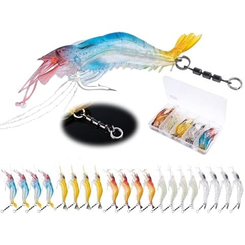 UNYLE Shrimp Lures, Soft Shrimp Fishing Lures for Freshwater Saltwater, Luminous Shrimp Bait with Sharp Hook and Swivel for Trout Bass Salmon Walleye, 5 Colors Saltwater Lures Fishing Tackle Cover