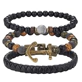 Dazylleco 3pc Mens Beaded Bracelets Silver Stainless Steel Chain Bracelet for Men Handmade Braided Bracelet Sets Jewelry Gifts for Men(89-Copper Anchors)