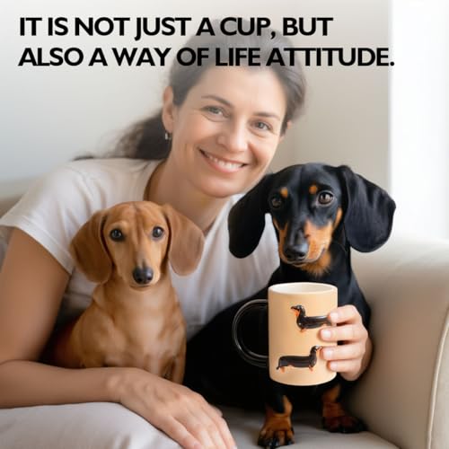 Textured Dachshund Coffee Mug, 16oz Ceramic Cup with 3D Relief Design, Beige with Black Handle Gift for Dog Lovers