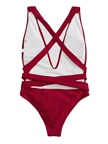 Image of Lilosy Sexy Tie Criss Cross Plunge One Piece Thong Swimsuit High Cut Brazilian Bathing Suit