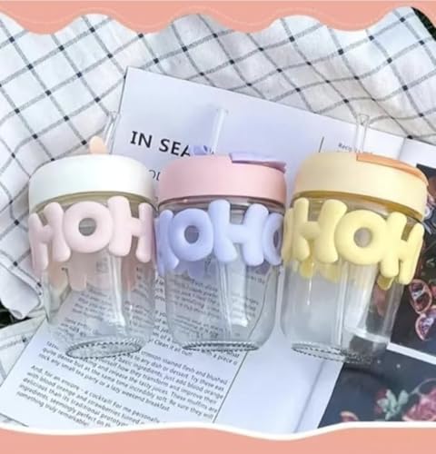 Image of HoHo Glass Mug Shaker with Silicone Holster, Lid and Straw, for Iced or Hot Drinks, Smoothies, Juices, and Iced Coffee