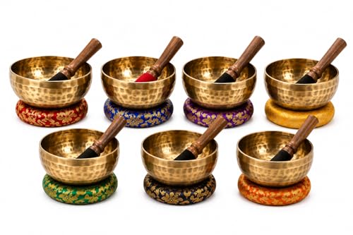 Arts Of India Chakra Healing Tibetan Singing Bowl - Set of 7 - Hand Hammered Tibetan Meditation Singing Bowl Nepal (STYLE 2)