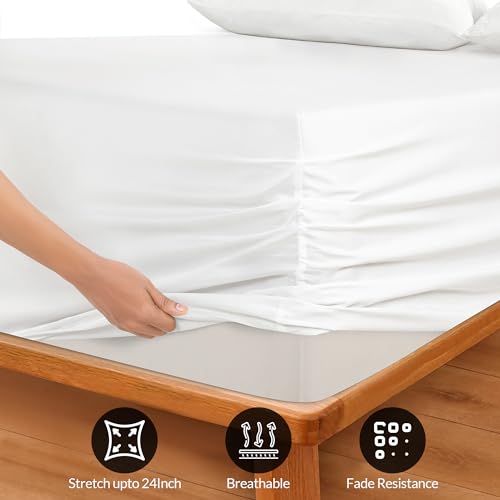 Image of Royale Linens Extra Deep Pocket Full Fitted Sheet Only - Full Size Deep Pocket White Fitted Sheet - Fits 18 inch to 24 inch Thick Mattress - Soft & Breathable Elastic Sheets (54x75 Inches, White)