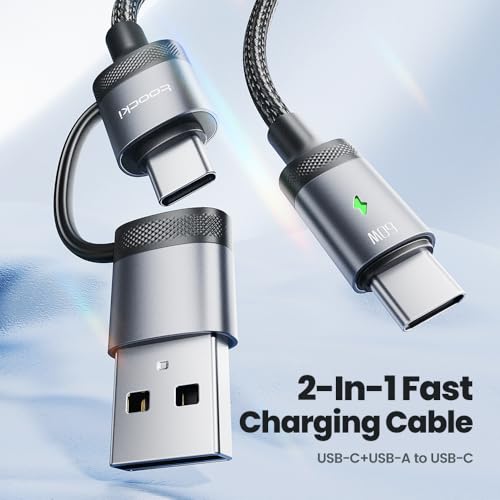 Toocki Kabel USB C do USB C 2 w 1 60W Szybkie Ładowanie PD Kabel z Adapterem USB A 1.8m Pleciony Nylon Przewód do Transmisji Danych Kompatybilny z iPhone 16/17, MacBook, iPad, Galaxy, Xiaomi, Szary
