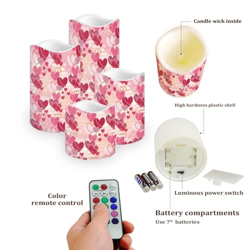 Image of Pink Heart Theme Plastic Flameless Candles with Remote Control and Timer LED Flickering Battery Electric Pillar Candles for Table Valentine's Day Decoration
