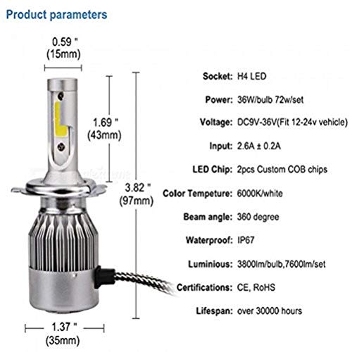 Image of PA C6 H-4 36W /3800LM LED Headlight Conversion Kit Car High /Low Beam Bulb Driving Lamp 6500K, White -Pack of 2