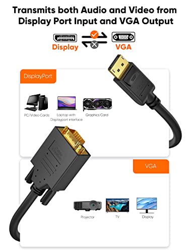 Cablecreation Displayport To Vga Cable 6Ft, Dp To Vga Cable Gold Plated 1080P@60Hz, Standard Dp Male To Vga Male Cable, Black Color #TOP3