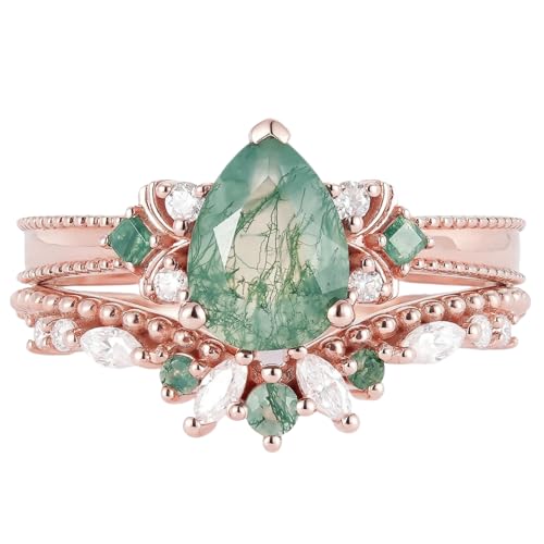 Natural Moss Agate Engagement Ring Set for Women 1.5 CT Pear Cut Moss Agate Wedding Ring Set for Women 925 Sterling Silver 10K 14K 18K Gold