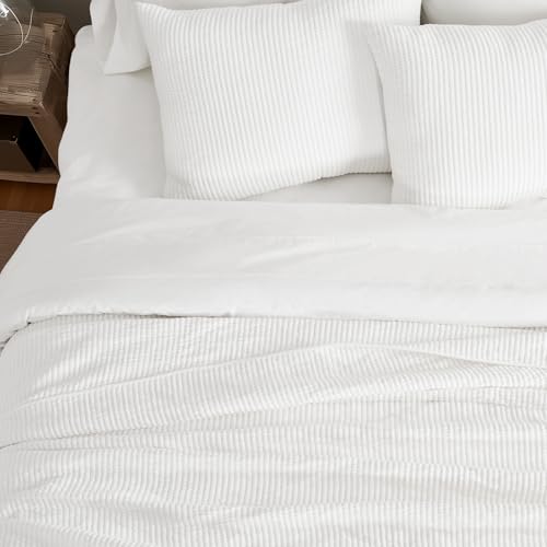 Image of EVERGRACEHOME Cotton Coverlet Set Full Queen Size 3 Pieces, Lightweight Soft Ribbed Matelasse Bedspread Quilt Set, Cozy Oversized Quilted Bedding Set with 2 Pillow Shams for All Seasons, Ivory White