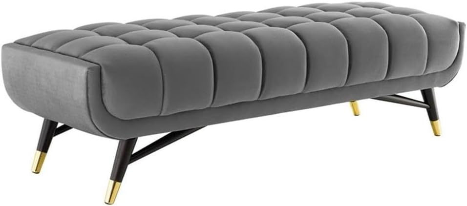 Pemberly Row 60" Modern Performance Velvet Tufted Bench, Gray Upholstery, Birchwood Frame with Gold Metal Accents, Dense Foam Padding, Chic Living Room or Apartment Seating