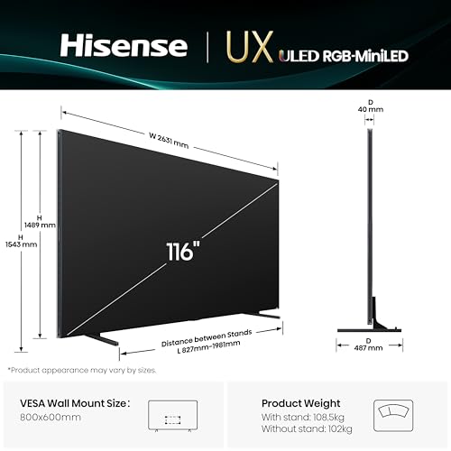 Image of Hisense 116-Inch Class Premium UX Series RGB-MiniLED 4K UHD HDR Google Smart TV(116UX, 2025) - RGB Backlight MiniLED, Up to 8000 nits, 3D Color Master Pro, Native 165Hz Panel, 6.2.2 CineStage X