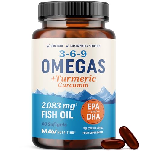 Omega 3 6 9 + Turmeric Curcumin Supplement | EPA & DHA Fish Oil + Turmeric Curcuma | Mobility, Cognitive & Heart Health Support | Triple Omega with Curcumin Supplements | Non-GMO | 60 Softgels