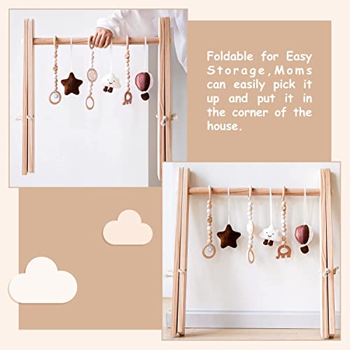 Wooden Baby Play Gym With Mat, Foldable Baby Play Gym Frame Activity Gym Hanging Bar With 5 Gym Baby Toys Rainbow Playmats Gift For Newborn Baby (Natural) #TOP1
