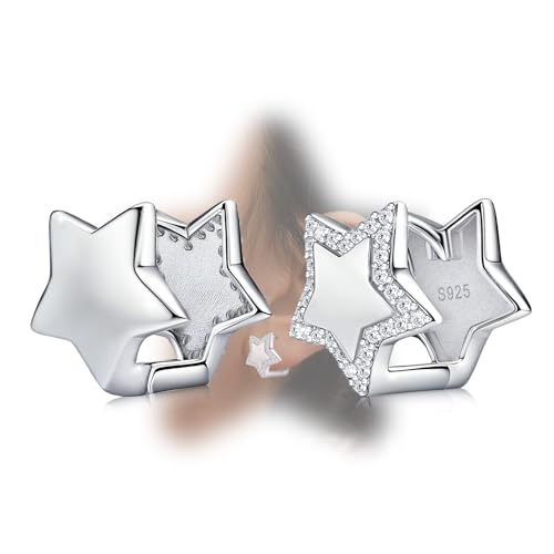 Silver Star Hoop Earrings for Teen Girls Women - Sterling Silver Double Sided Earrings Hypoallergenic Cubic Zirconia Star Earrings Double Star Loop Earrings Fashion Women's Earrings Gift for Christmas