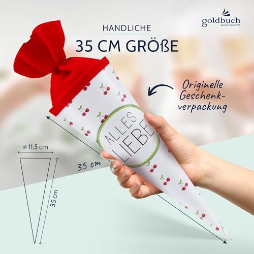 goldbuch 93 212 Geschwistertüte Alles Liebe, Schultüte mit Kirschenmuster, Lackkarton, Geschenkverpackung, roter Filzverschluss (ohne Verschlussband), Zuckertüte rund, Länge 35 cm, Ø 11,5 cm, Weiß