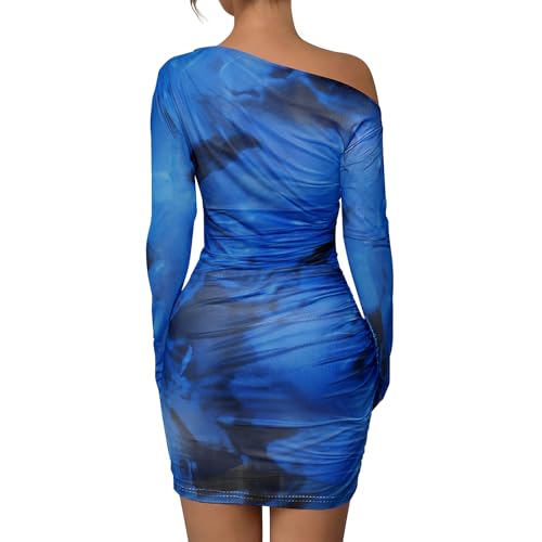 Image of Women's Long Sleeve Bodycon Mini Dress Tie Dye Print Slim Fit Asymmetrical Neck Elegant Formal Ruched Short Dresses
