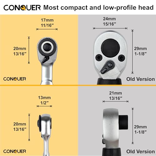 Image of CONQUER 21-Piece 1 /4 inch Drive Mini Ratchet Set, 72-Tooth Dual Head with Quick Release & Spin Disk, Universal Spline Sockets (6-13mm, SAE /Metric) & S2 Bits