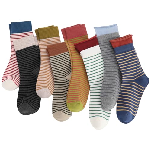 soxitoevy 8 Pairs Retro Striped Socks for Women - Colorful Striped Crew Sock, Vintage Fashion Cute Aesthetic Ankle Socks, Soft Cotton Fun Casual Everyday Sock for Women Girls