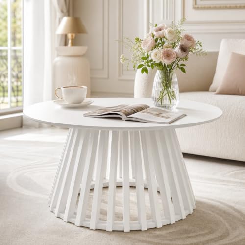 HNY White Round Coffee Table, Wood 31.5" Center Table for Living Room | Modern Mid Century Circle Coffee Table with Fluted Base for Outdoor Patio, Home Small Space, Bedroom, Apartment, Studi