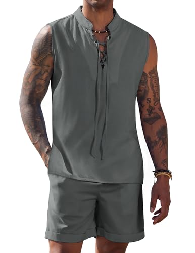 COOFANDY Men Beach Outfits Sets 2 Piece Henley Tank Tops Linen Lace Up Sleeveless Shirt and Beach Short Set Dark Grey S
