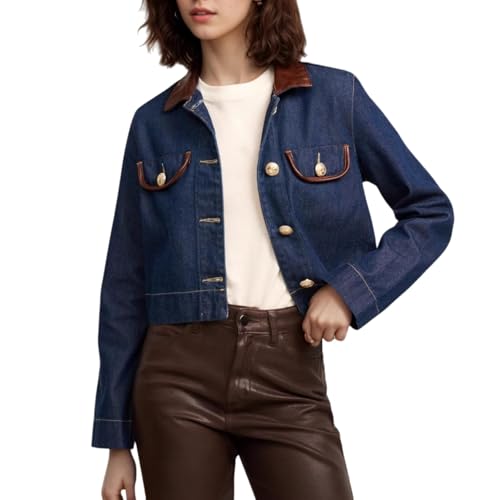 Chaqueta vaquera corta informal de mujer cazadora tejana entallada cuello cuero