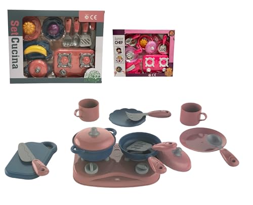 Set Cucina Giocattolo: Pentole, Padelle, Posate, Fornello Chef, Accessori Pizza, Torta, Piattini, Cucchiaini, Tazzine per Bambini (7 Pezzi)