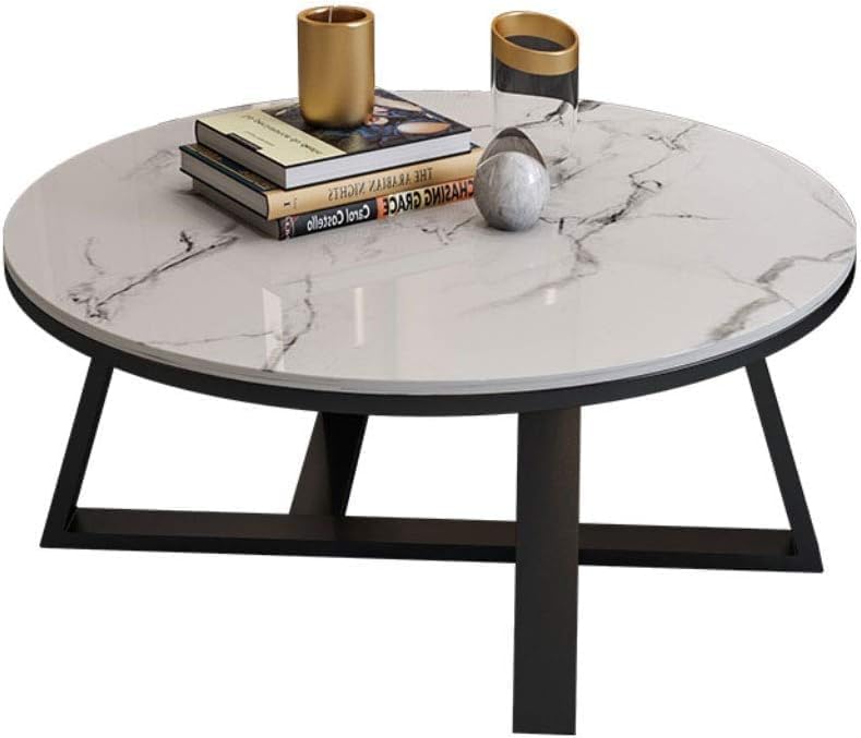 Image of Furniture Cafe Modern Round Coffee Table with White Marble Finish Top and Black Metal Base - Living Room Center Table