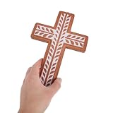 CHICAMPERA Drewniany Krzyż Ścienny z Rzeźbionym Kwiatowym Wzorem Katolicka Dekoracja Religijna Do Domu Łatwy Montaż Zawieszka Ścienna z Drewna Ozdoba Wiary Do Salonu i Wejścia