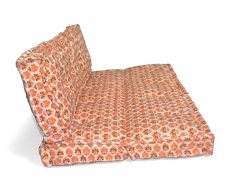 Image of ASHEVILLE Orange Floral Print No Wood Modular Sofa | Low Floor Seating, Corner Cushion Chair, Modular Lounge Furniture| Handcrafted| Printed Cotton Upholstery Sofa| Set of 2 Pcs| 80x120x12 cm