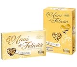 Mix Confetti + Cuoricini 50 Anni di Felicità Nozze d’Oro – Confetti alla Mandorla Dorati e Cuoricini Mignon al Cioccolato Fondente – per crispo 1kg