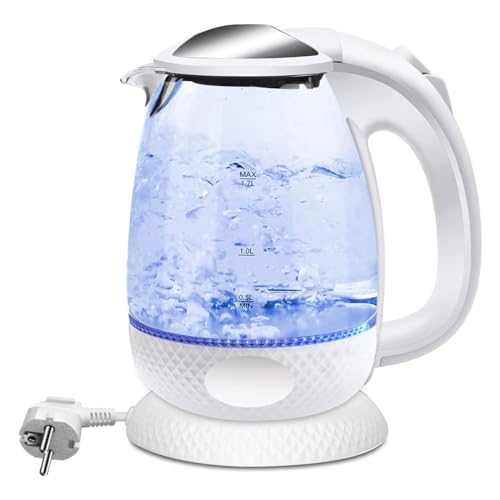 Bollitore acqua elettrico 1.7L, in vetro trasparente, base a 360°, filtro anticalcare rimovibile, 2200 W di potenza (Bianco)