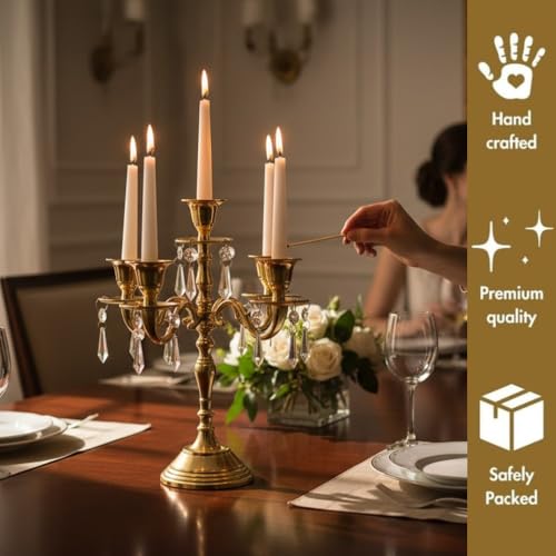Image of Premium 12 Inch Golden Aluminum 5-Arm Candle Stand with Crystal Hangings | Luxury Centerpiece for Home Decor, Weddings, Festive Decoration & Dining Table